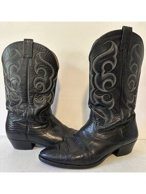Men's Nocona Boots 52598 12 D VTG black POINTED TOE leather embroidered heel USA